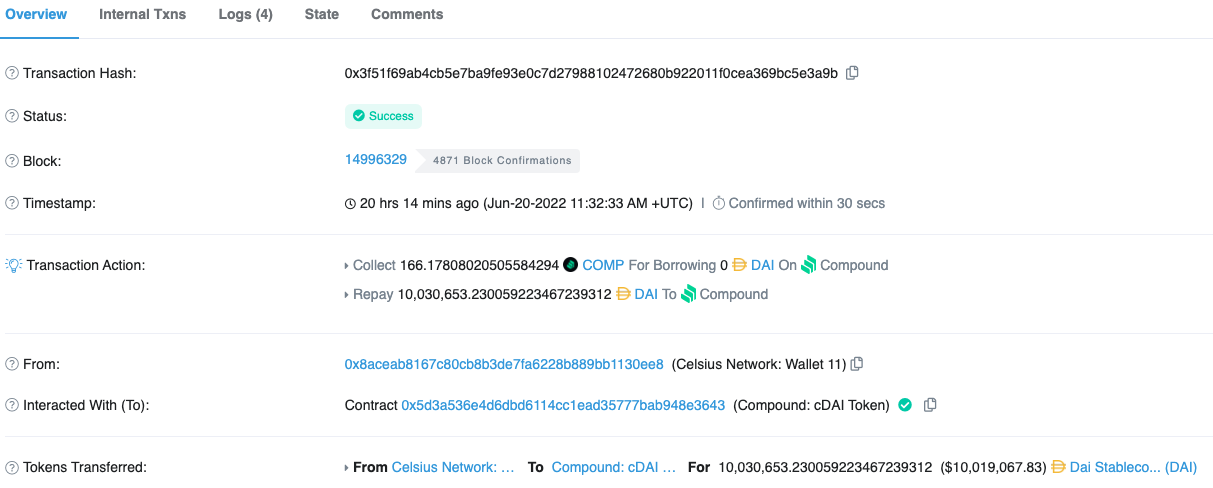 Transfer of $10 million in DAI from Celsius Network to DAI